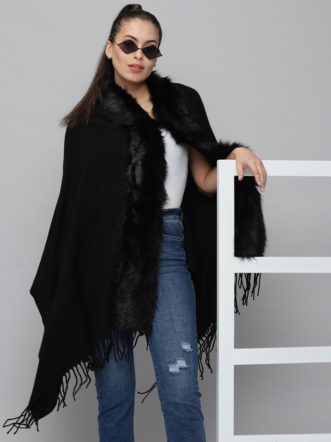 

SHOWOFF Women Black Longline Poncho with Fuzzy Detail