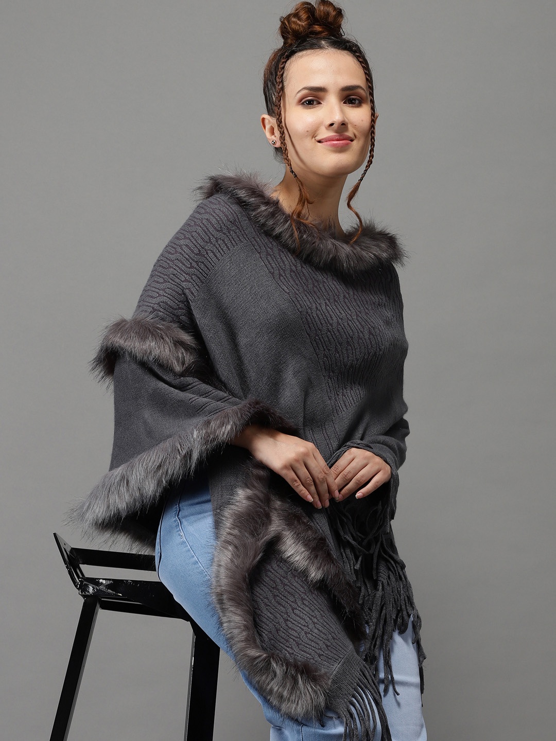 

SHOWOFF Women Grey Longline Acylic Poncho with Embellished Detail