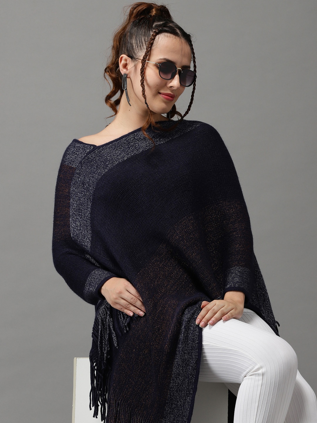 

SHOWOFF Women Navy Blue Longline Poncho With Fuzzy Detail