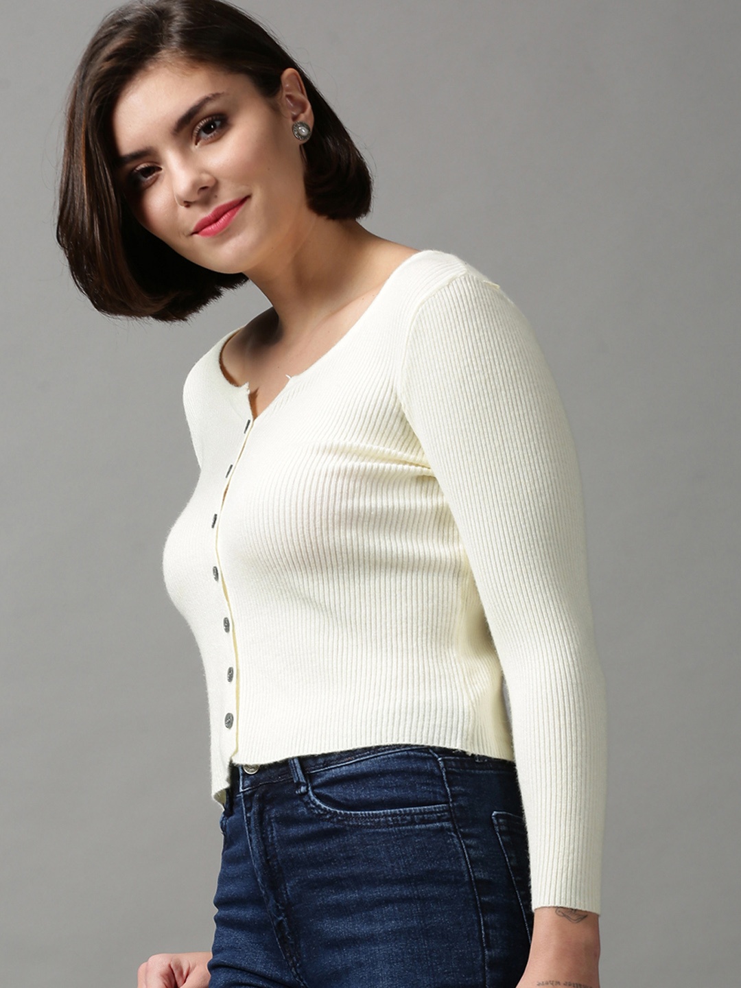 

SHOWOFF Women Cream Open Front Cardigan