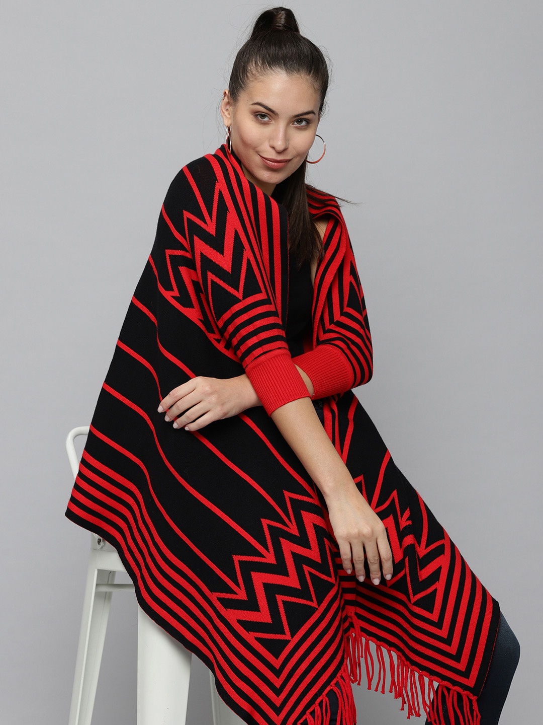 

SHOWOFF Women Red & Black Striped Striped Longline Poncho