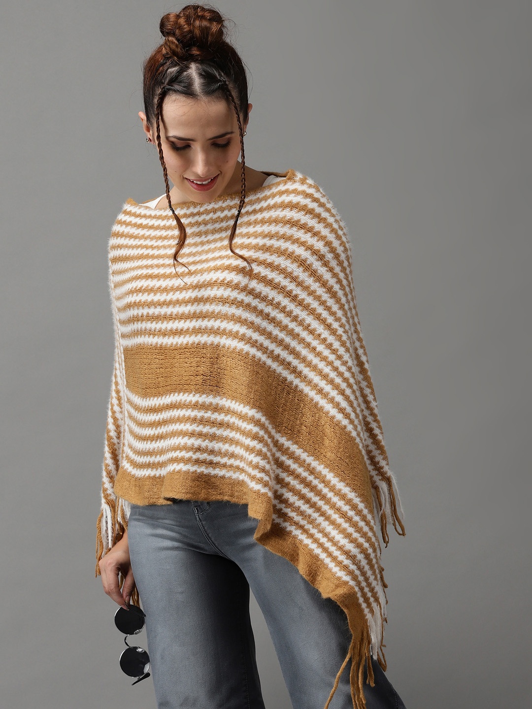 

SHOWOFF Women Camel Brown & White Striped Longline Poncho