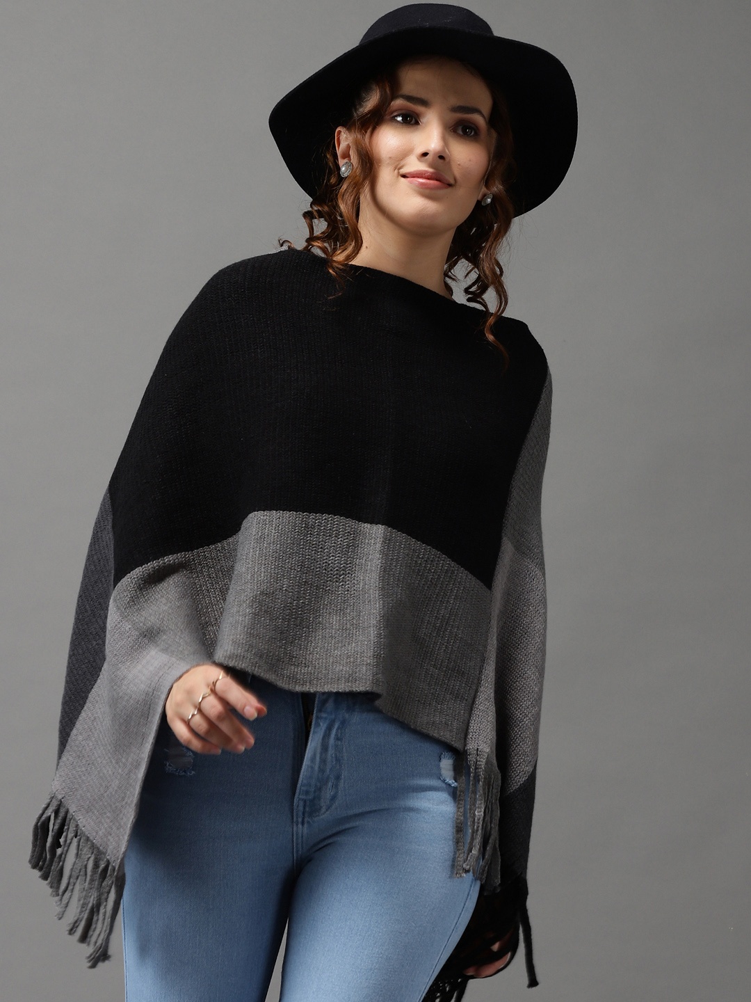 

SHOWOFF Women Black & Grey Colourblocked Longline Poncho