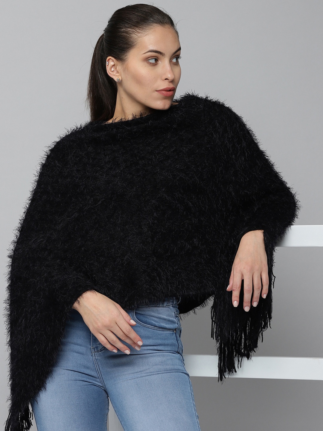 

SHOWOFF Women Black Longline Poncho With Fuzzy Detail
