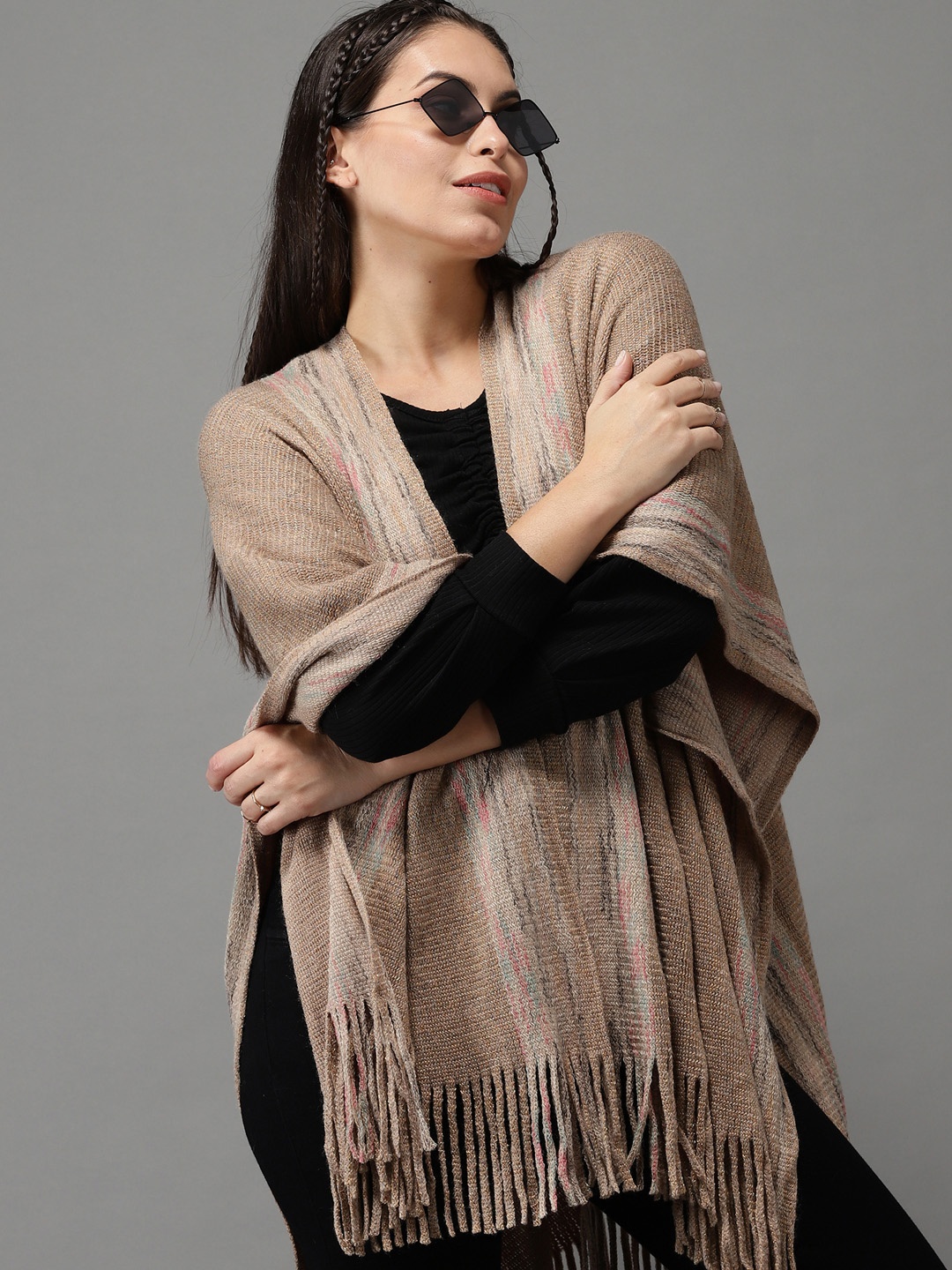 

SHOWOFF Women Beige Longline Self Design Poncho