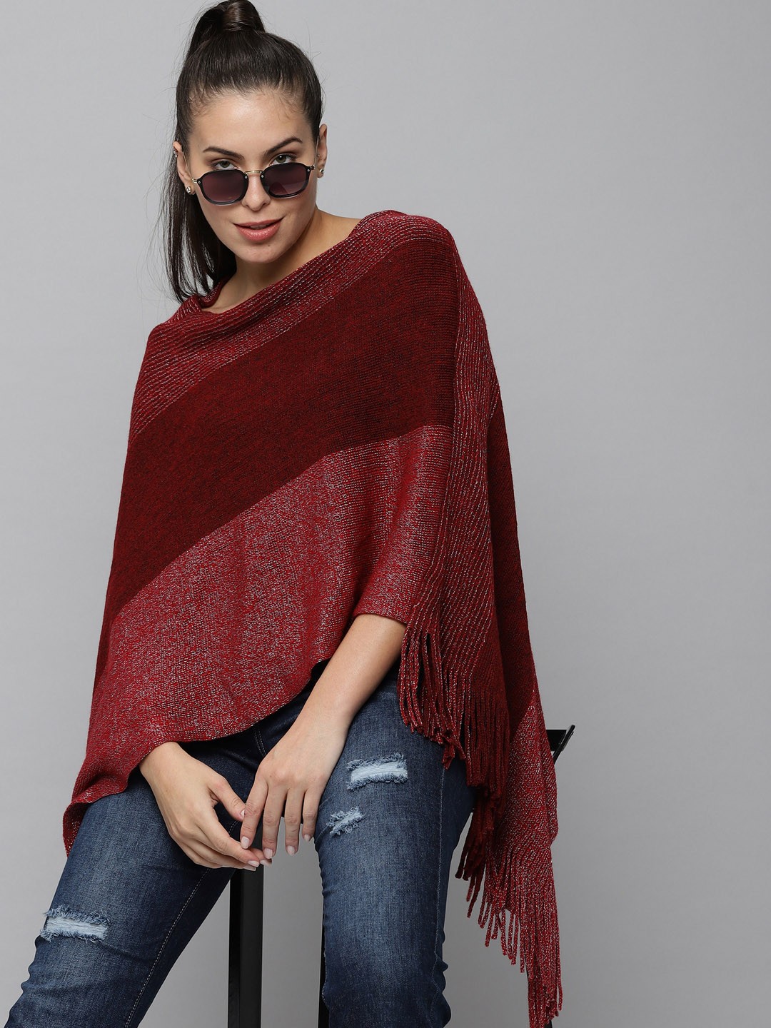 

SHOWOFF Women Maroon & Pink Colourblocked Wool Poncho