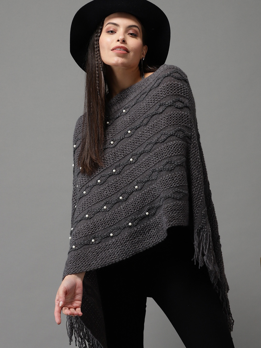

SHOWOFF Women Grey & White Cable Knit Longline Poncho