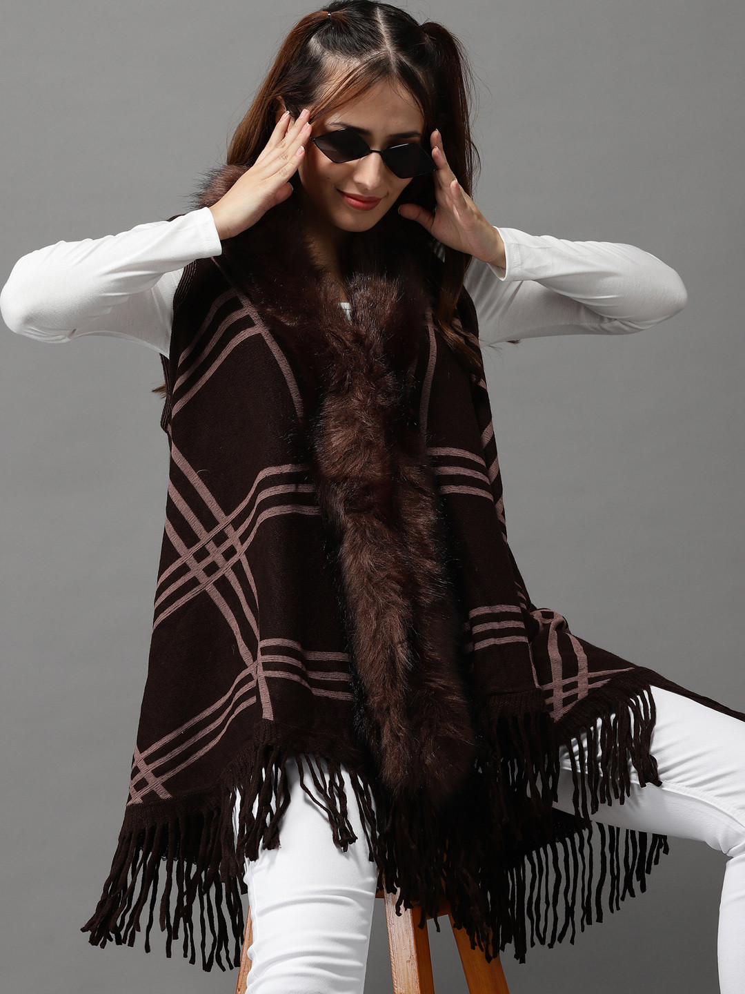 

SHOWOFF Women Brown Checked Longline Poncho With Fuzzy Detail