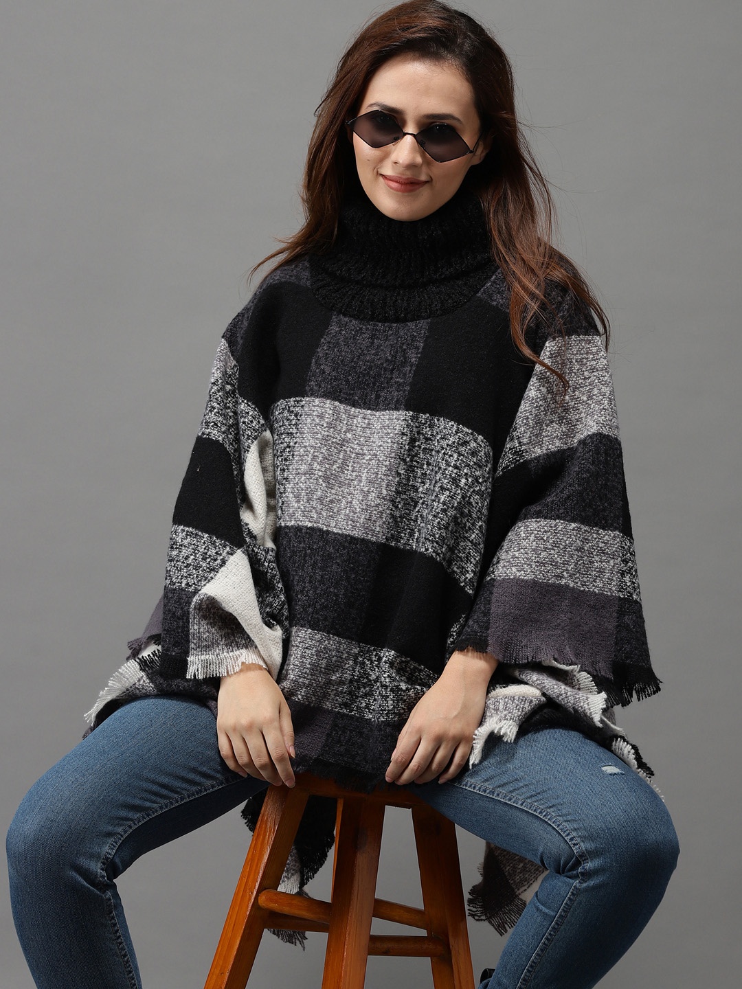 

SHOWOFF Women Black & Grey Checked Longline Poncho With Fuzzy Detail