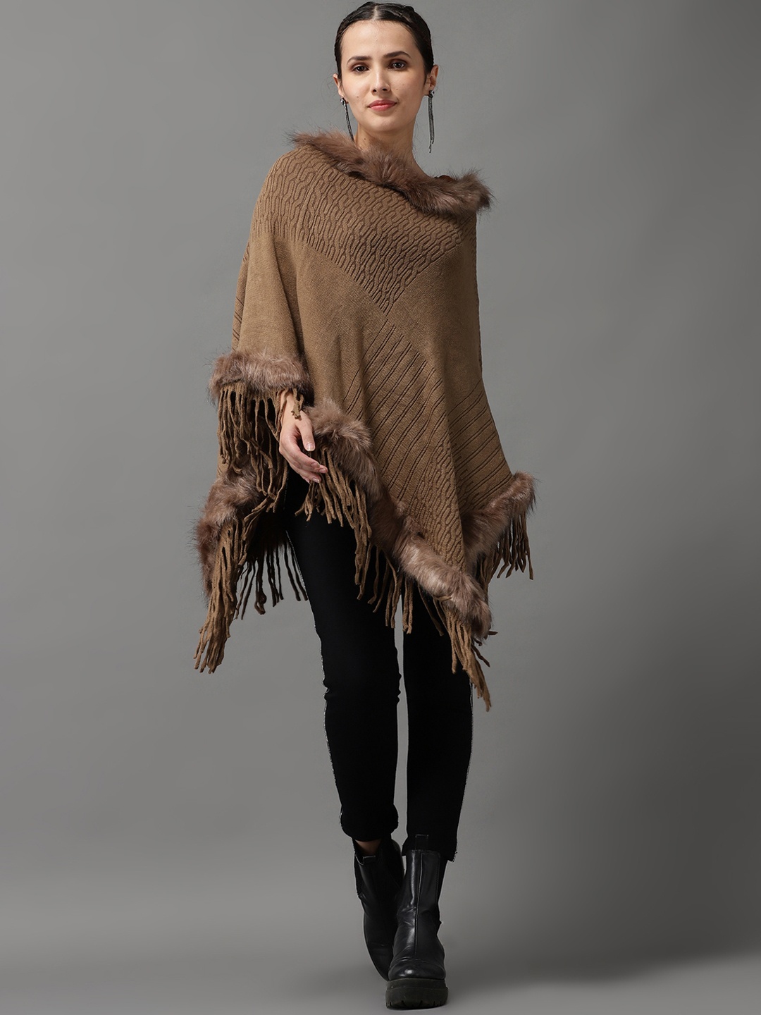 

SHOWOFF Women Camel Brown Wool Longline Poncho with Fuzzy Detail