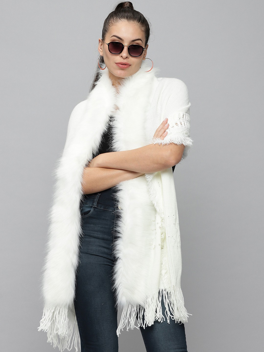 

SHOWOFF Women White Wool Longline Poncho with Fuzzy Detail