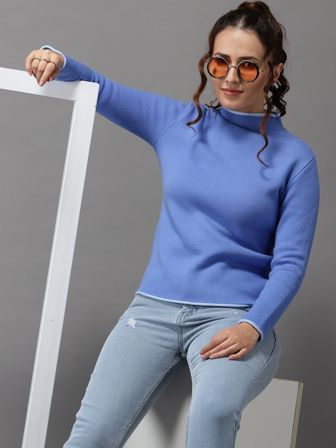 

SHOWOFF Women Blue High Neck Acrylic Pullover