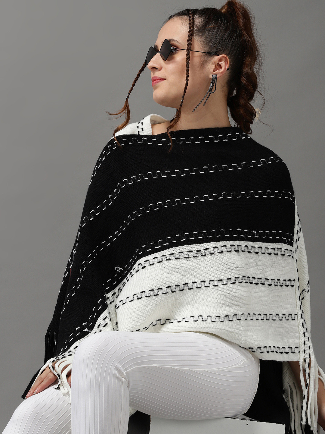 

SHOWOFF Women Black & White Wool Colourblocked Longline Poncho