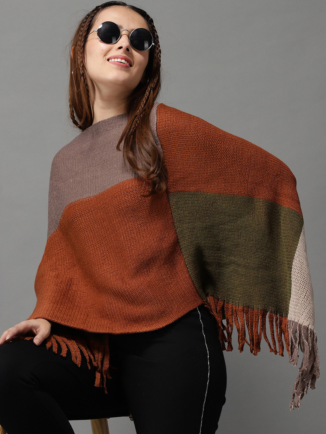 

SHOWOFF Women Olive Green & Brown Wool Colourblocked Longline Poncho