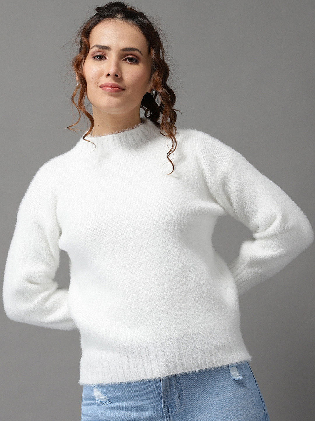 

SHOWOFF Women White Pullover with Fuzzy Detail