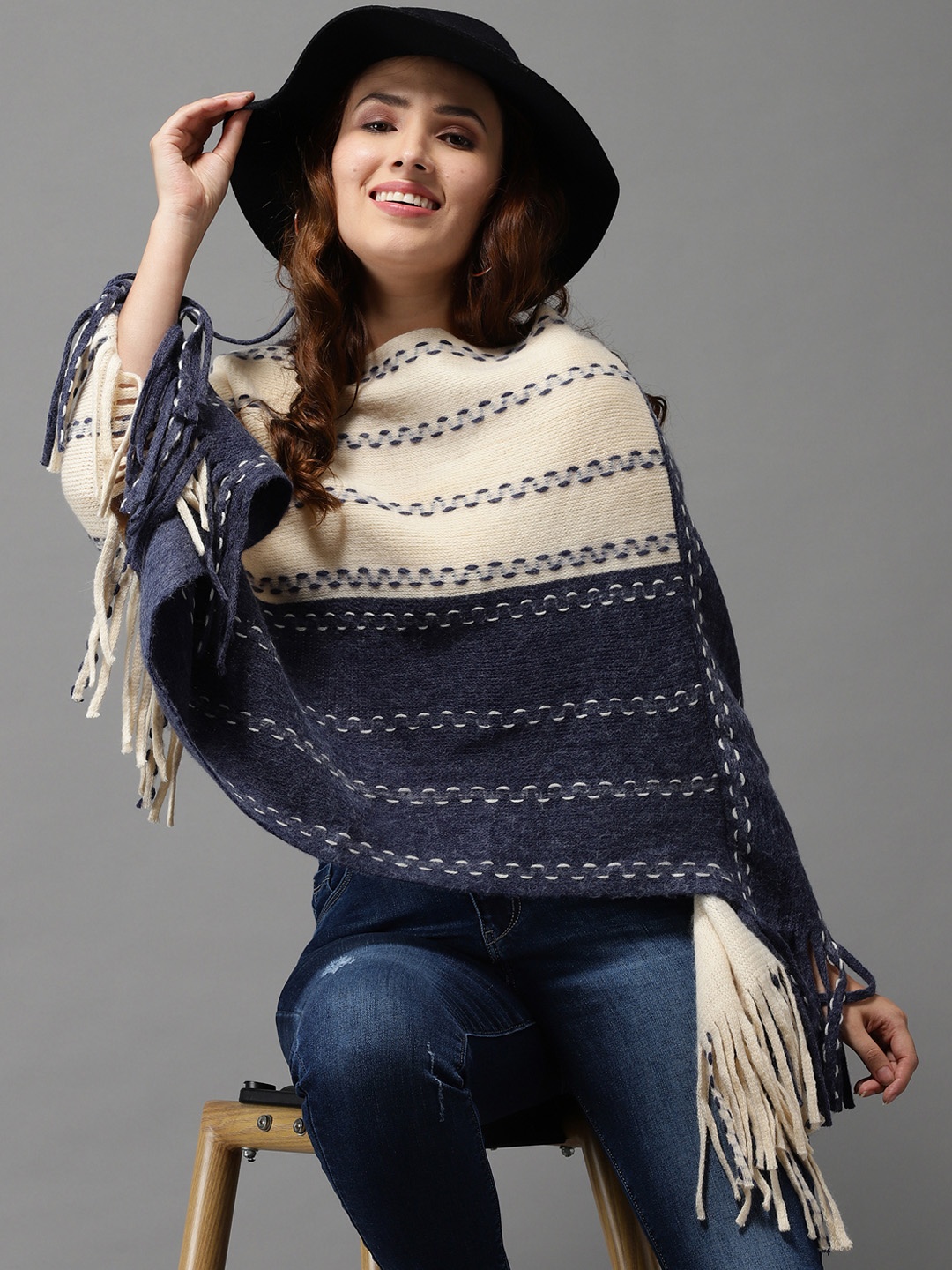 

SHOWOFF Women Beige & Blue Wool Colourblocked Longline Poncho