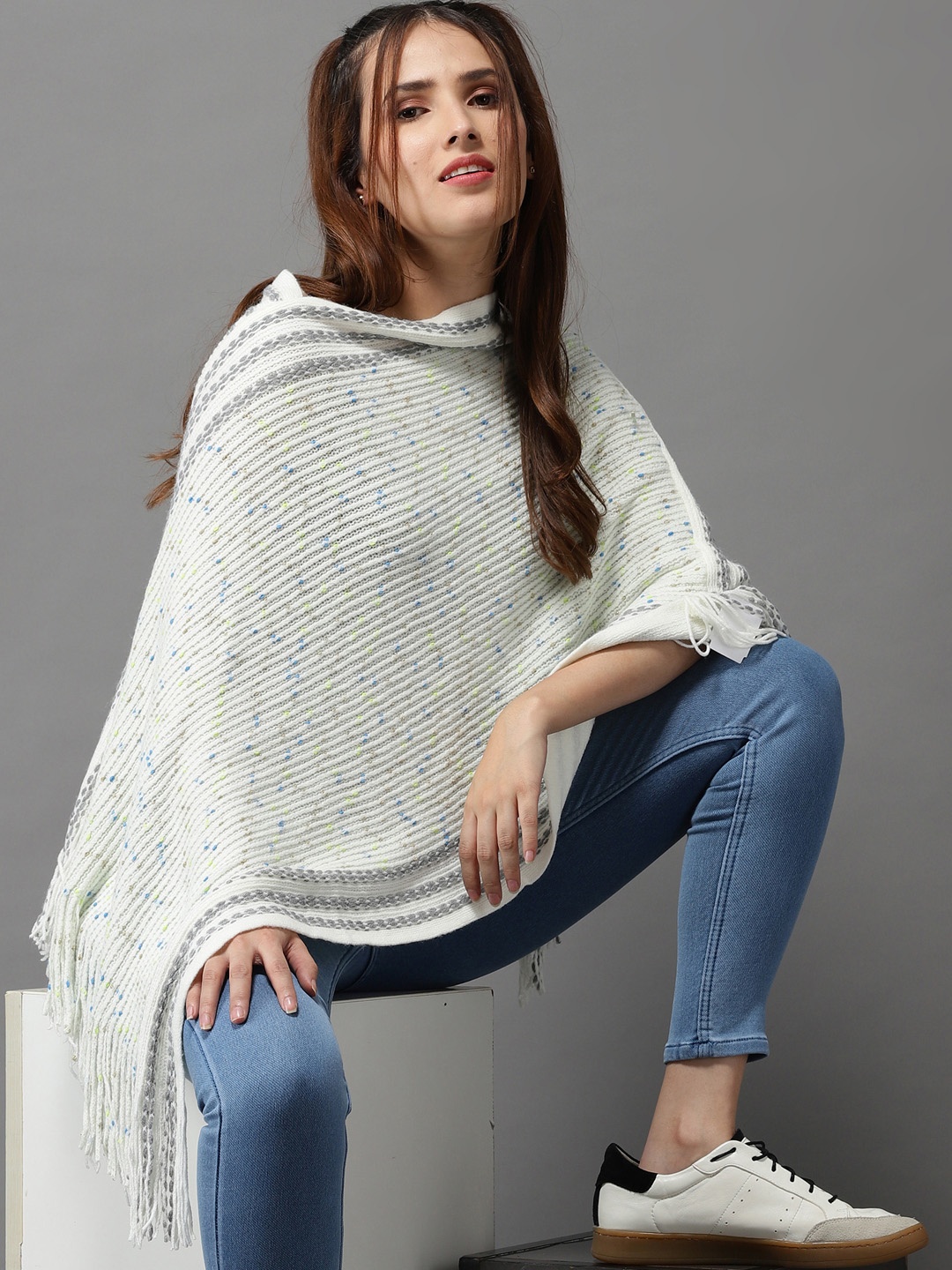 

SHOWOFF Women Off White & Grey Wool Longline Poncho with Fringed Detail