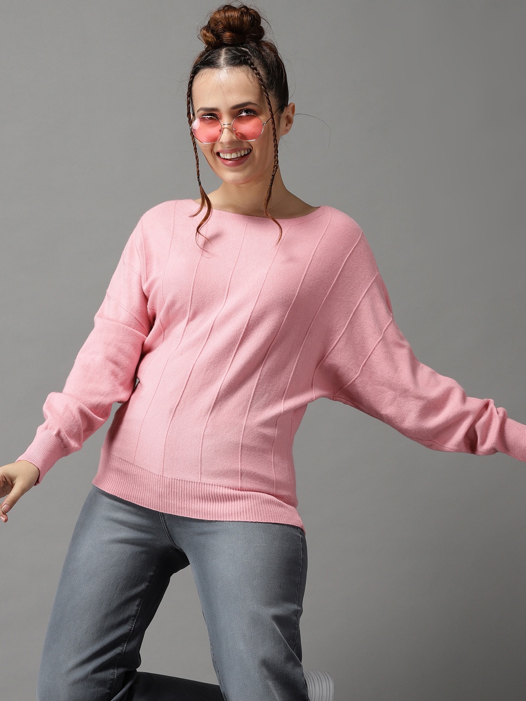 

SHOWOFF Women Pink Striped Pullover