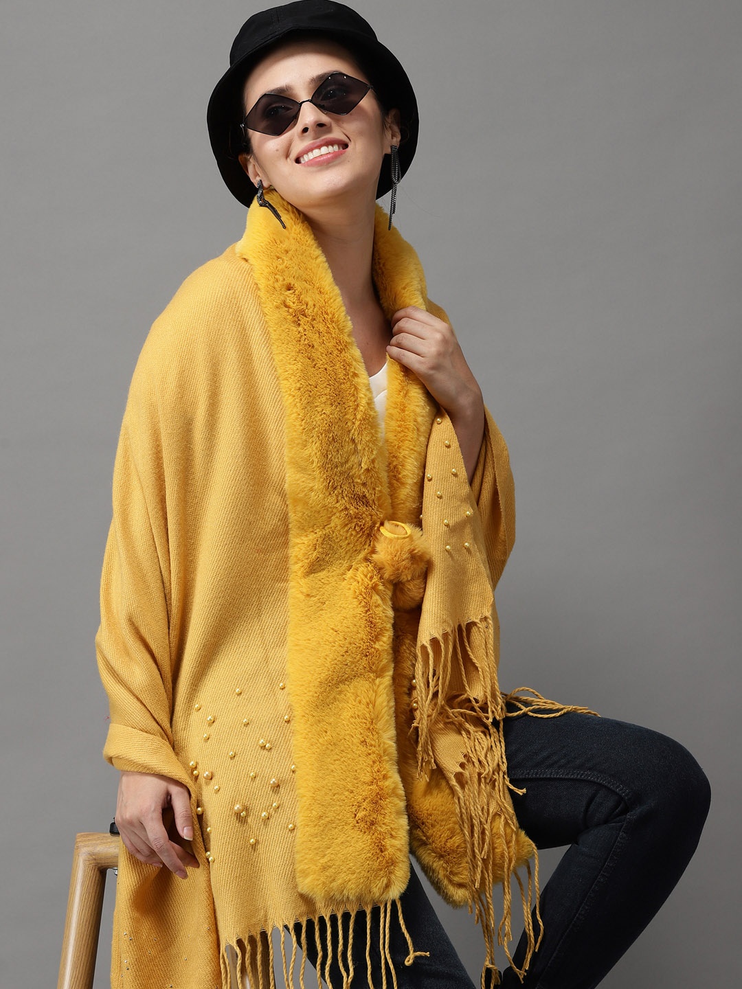 

SHOWOFF Women Yellow Longline Poncho with Fuzzy Detail