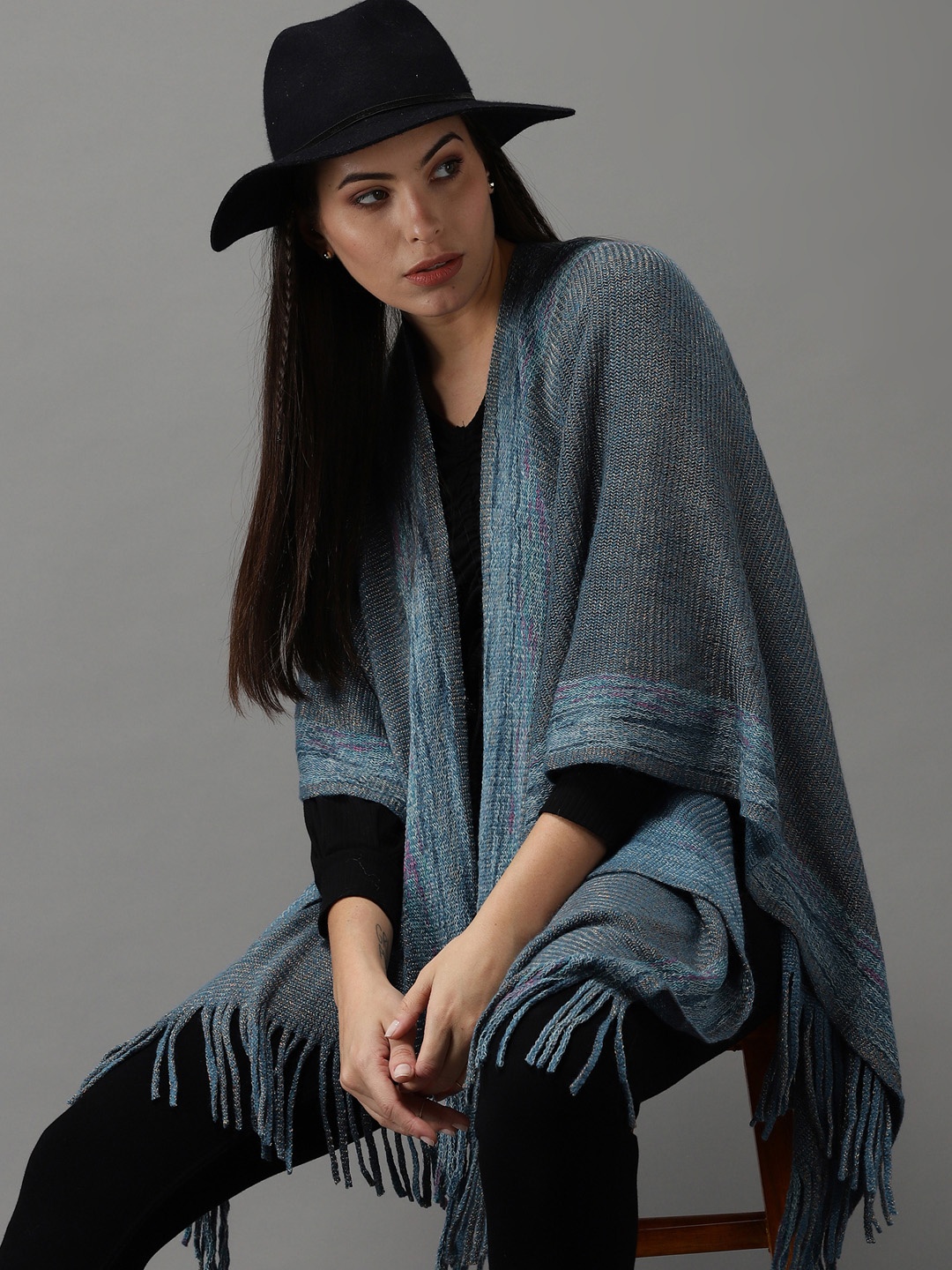 

SHOWOFF Women Teal Wool Longline Poncho