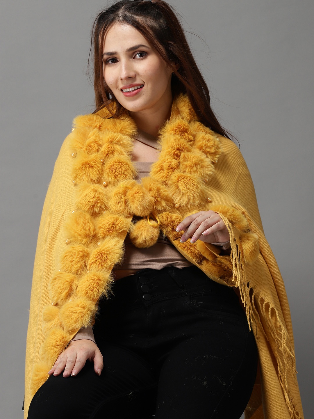 

SHOWOFF Women Mustard Ribbed Longline Poncho with Fuzzy Detail