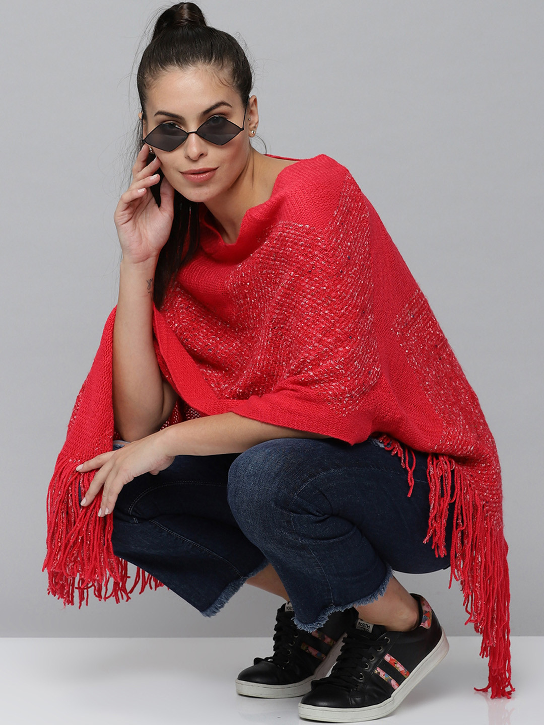 

SHOWOFF Women Red Wool Longline Poncho
