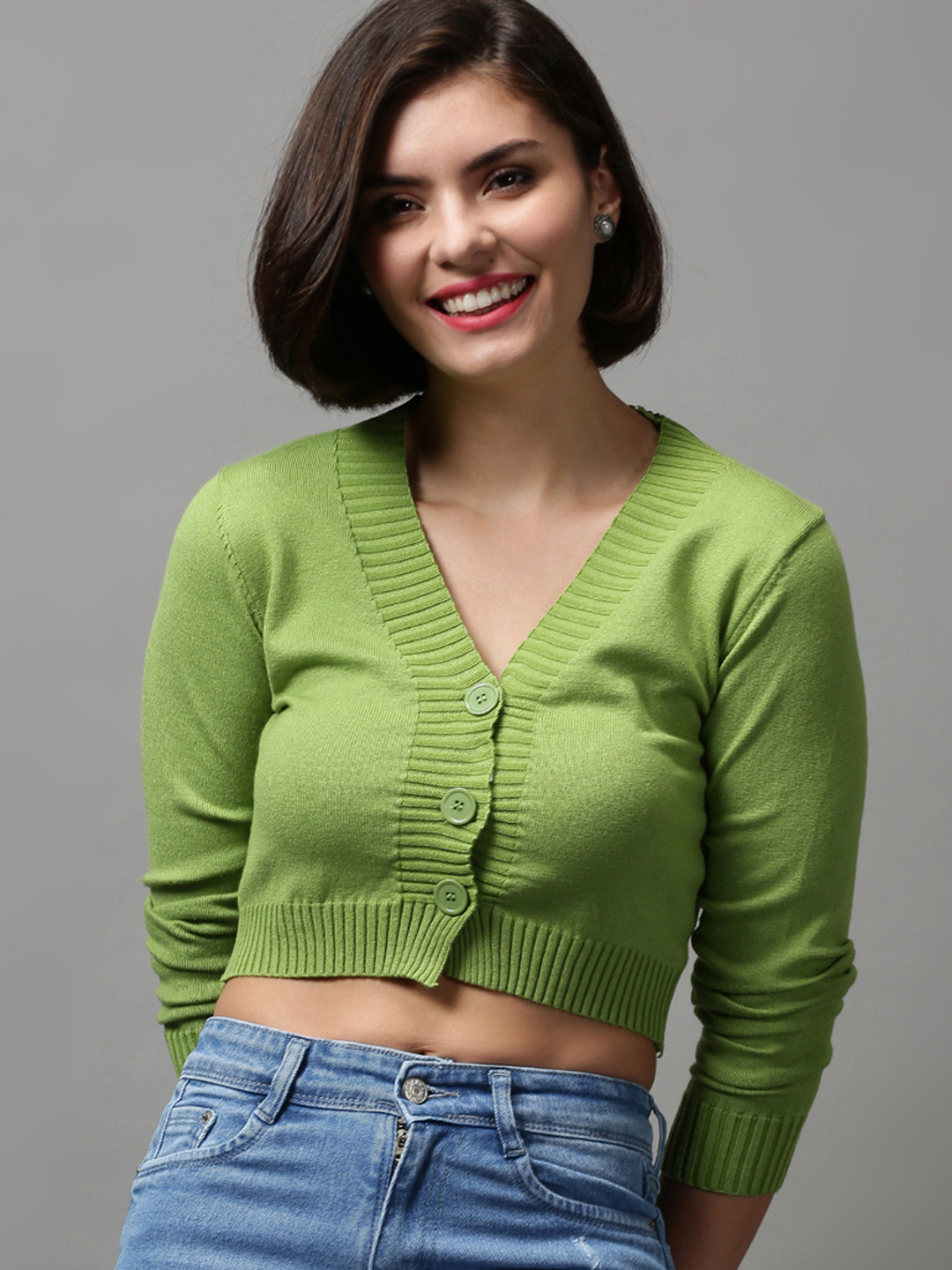 

SHOWOFF Women Green Crop Wool Cardigan