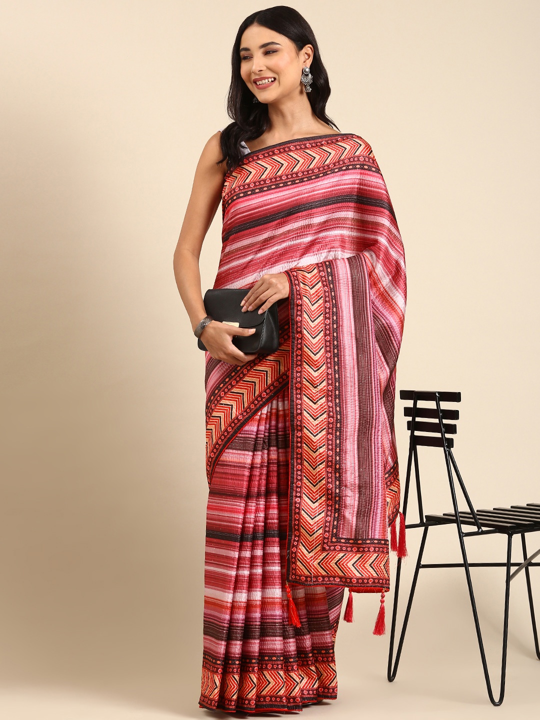 

kasee Maroon & Pink Striped Satin Saree