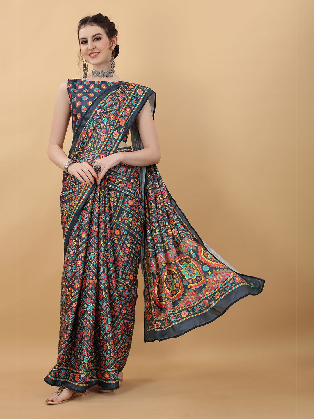 

kasee Grey & Red Floral Satin Saree