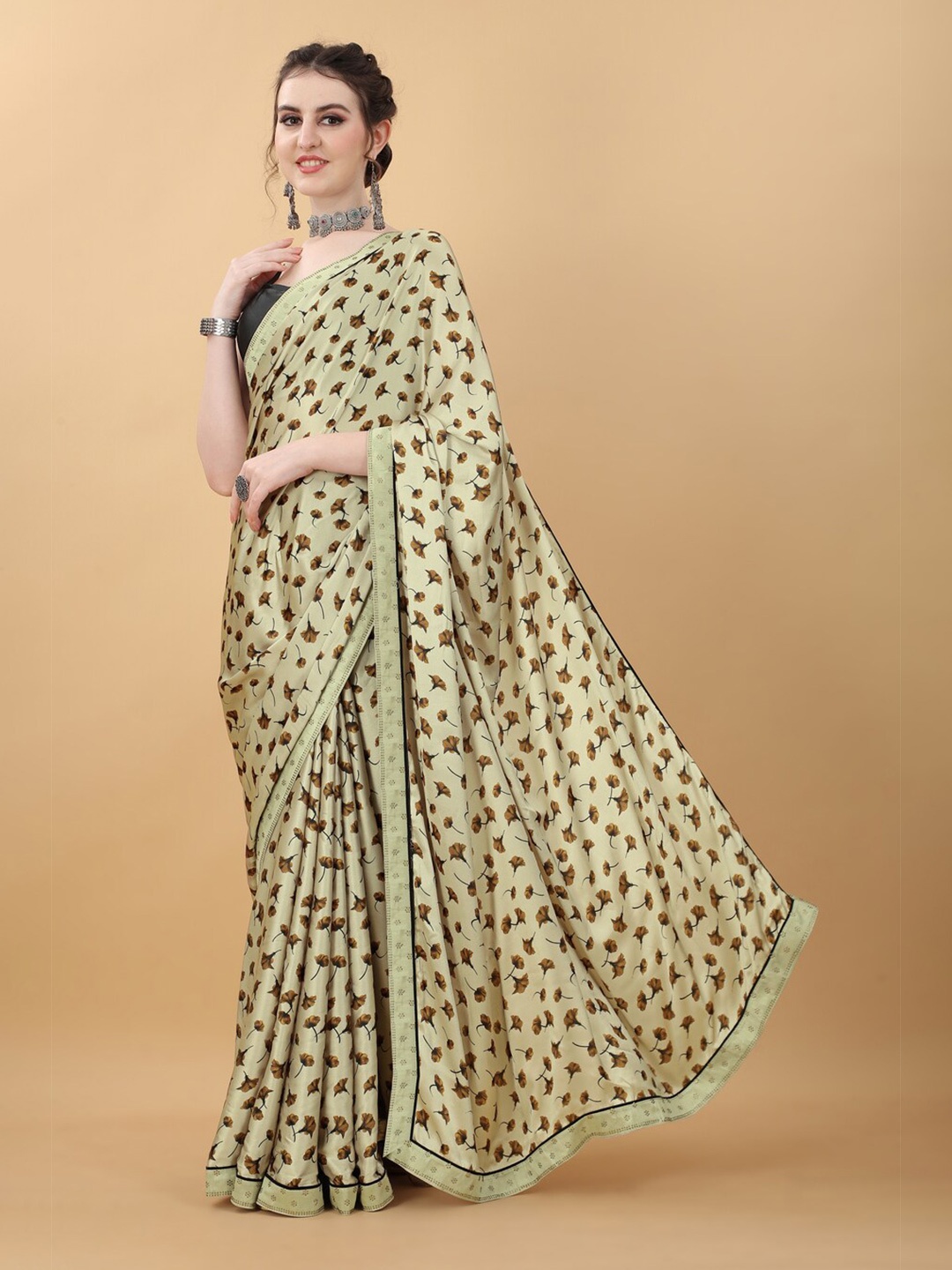 

kasee Green & Brown Floral Satin Saree