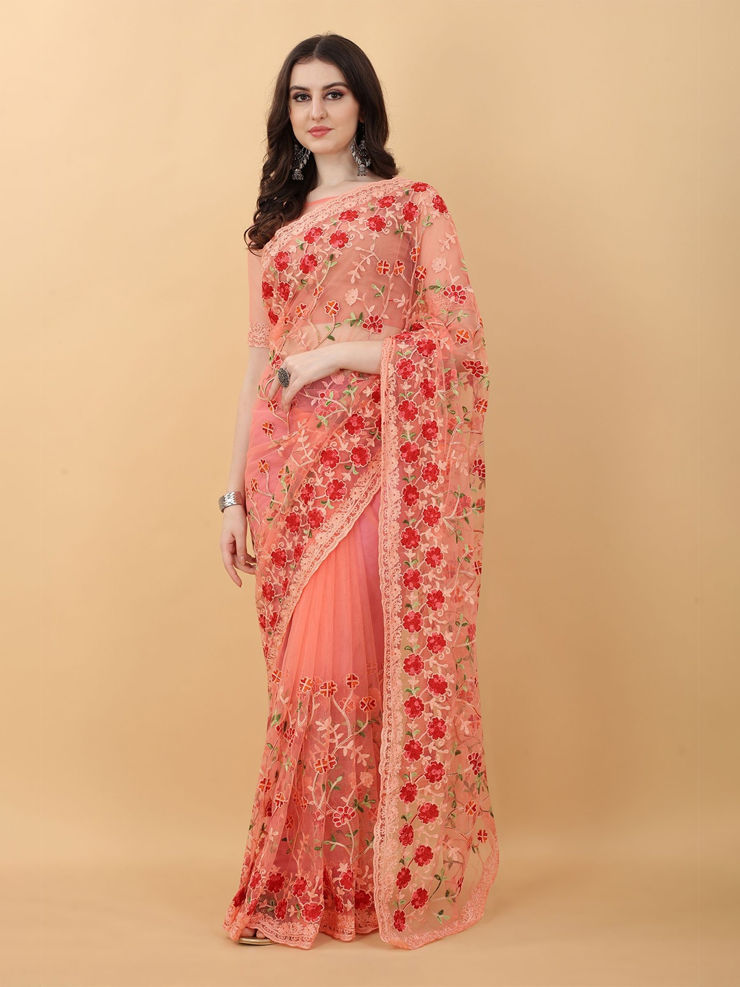 

kasee Peach-Coloured & Red Floral Embroidered Net Heavy Work Saree
