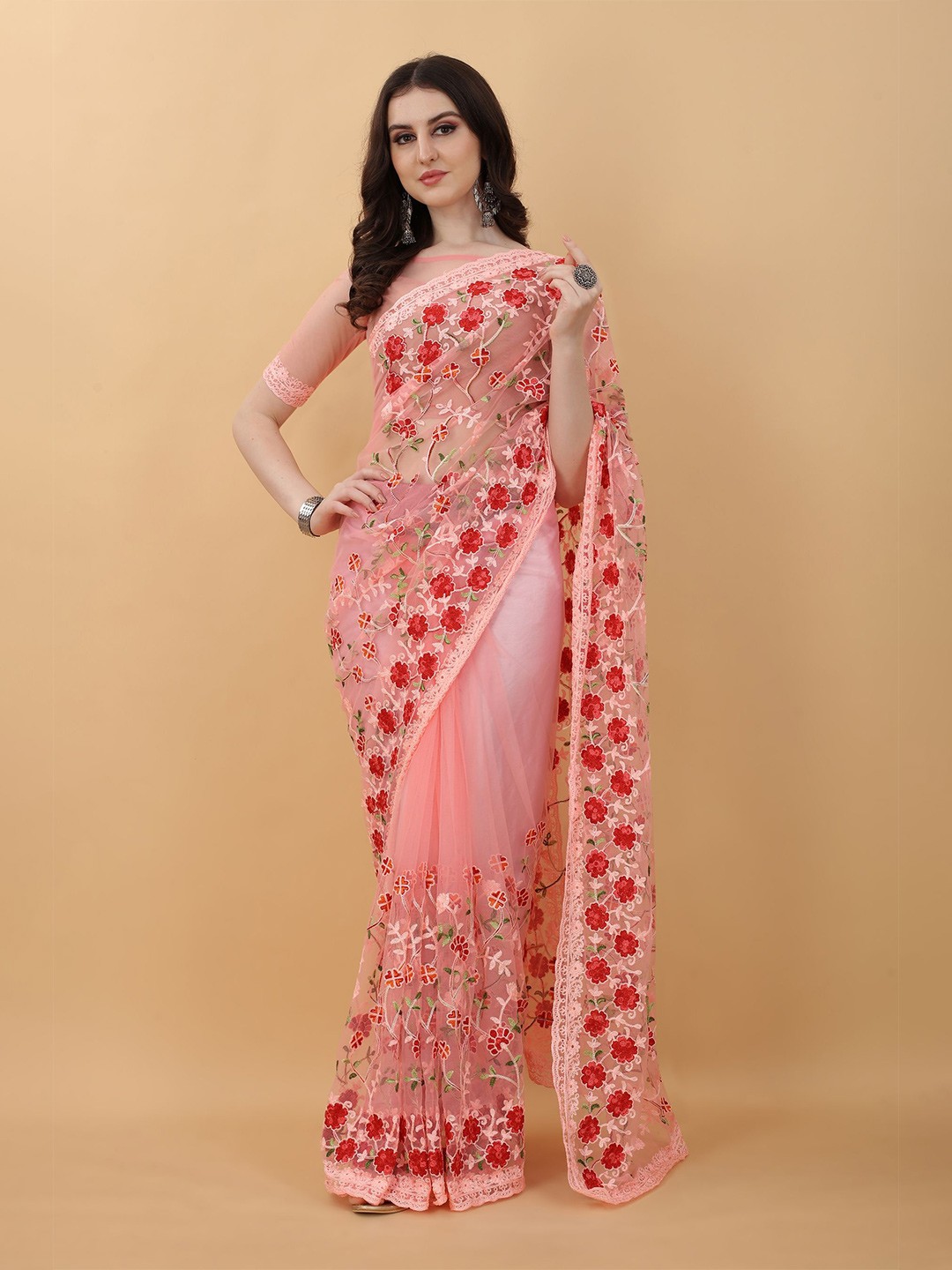 

kasee Pink & Red Floral Embroidered Net Heavy Work Saree