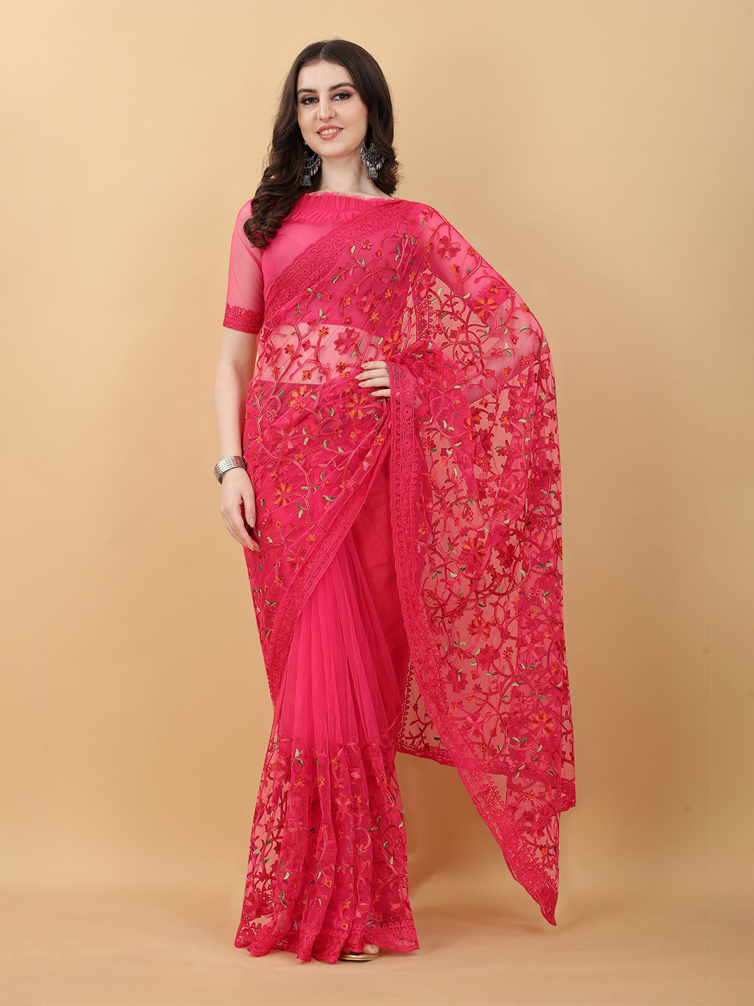 

kasee Rose & Gold-Toned Floral Embroidered Net Heavy Work Saree