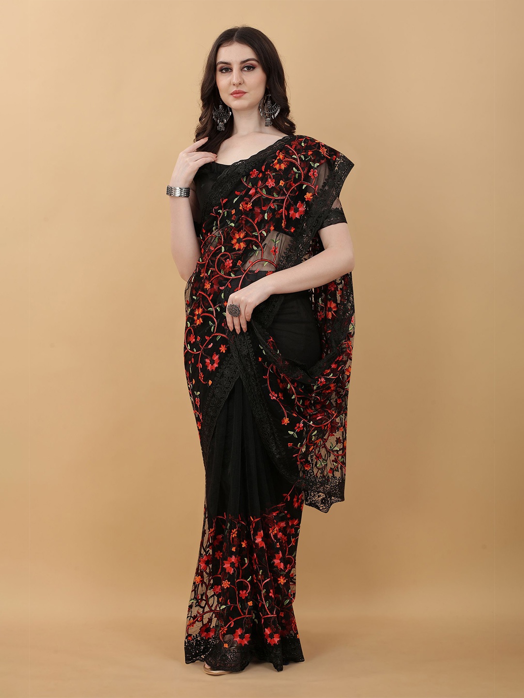

kasee Black & Red Floral Embroidered Net Heavy Work Saree