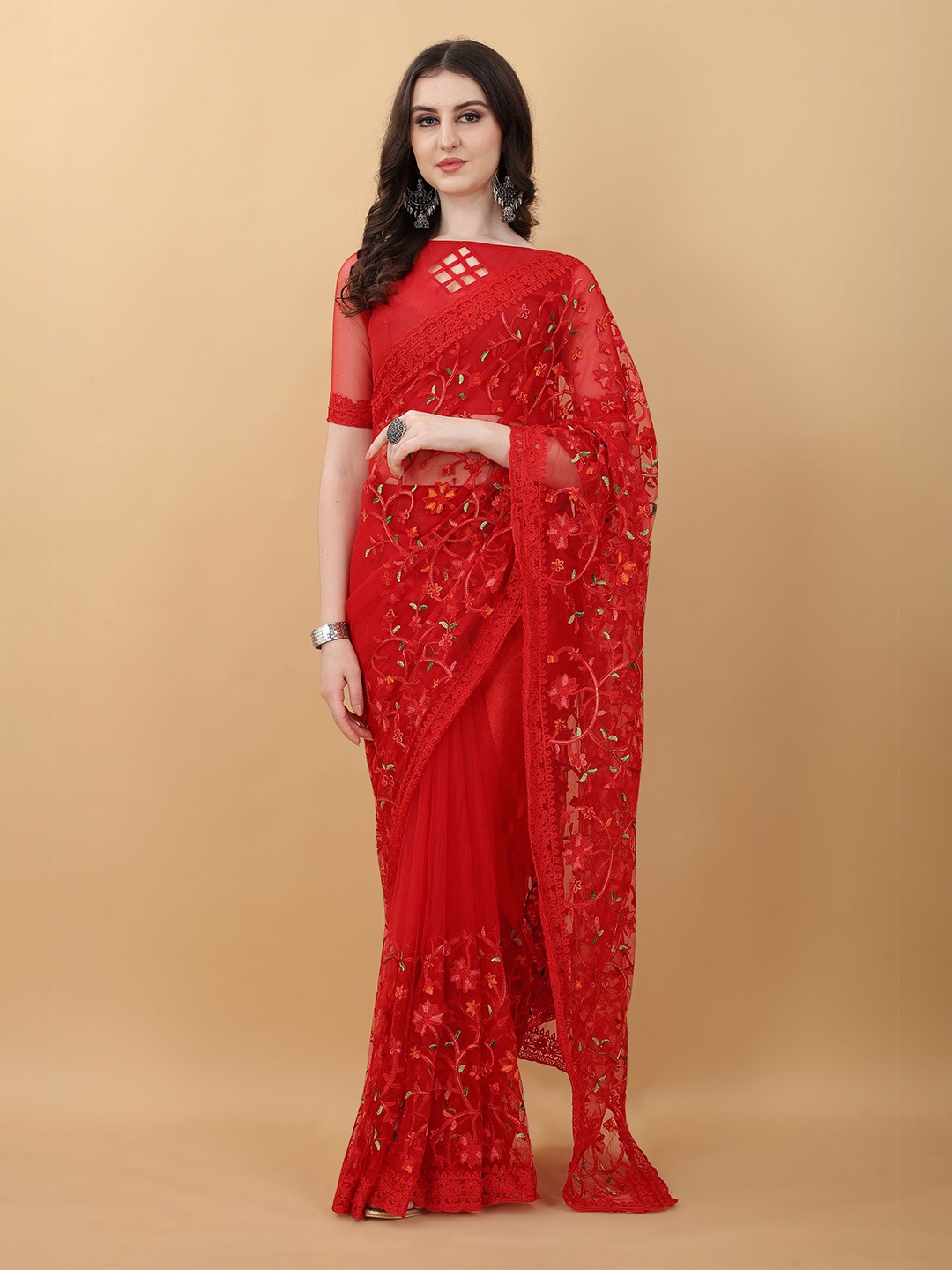 

kasee Red Floral Embroidered Net Heavy Work Saree