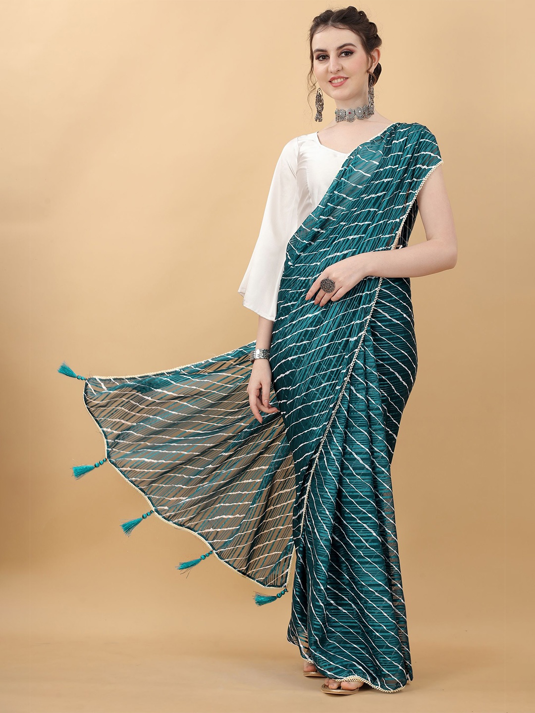 

kasee Teal & Gold-Toned Leheriya Satin Saree