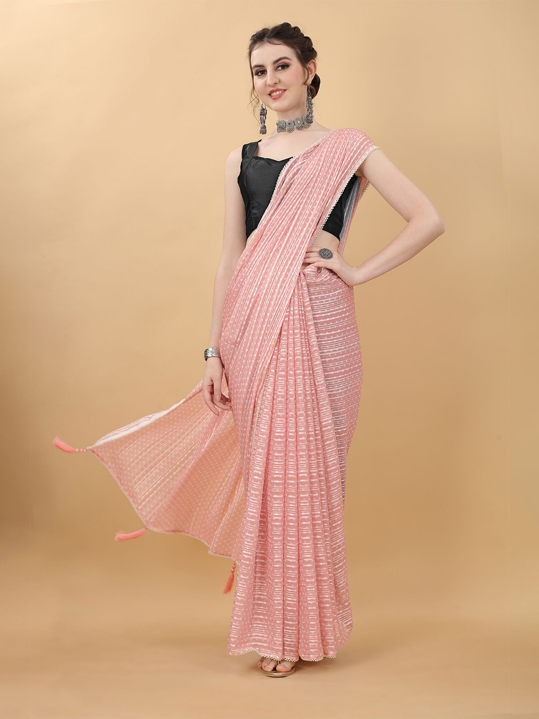 

kasee Pink & White Striped Satin Saree