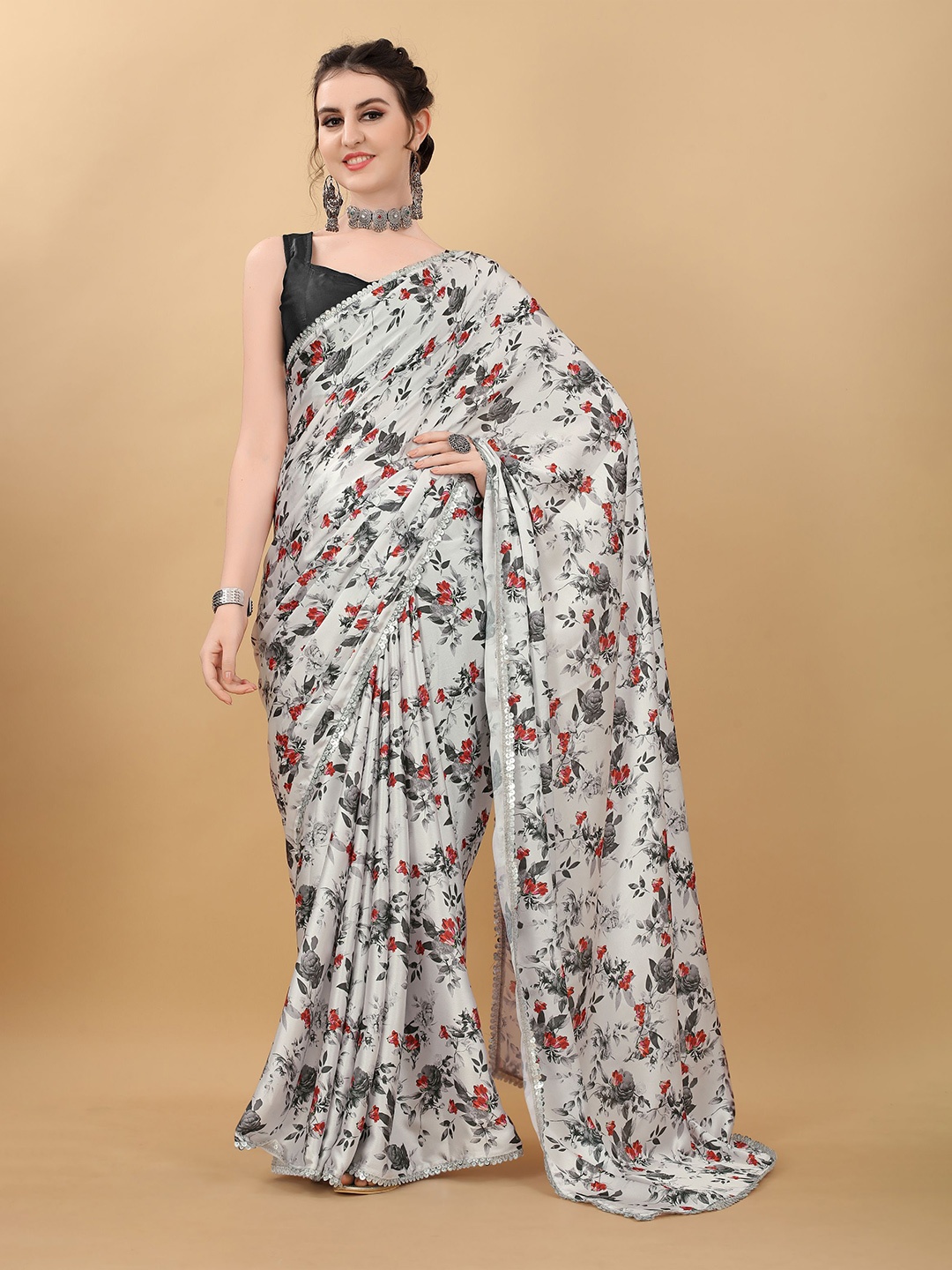 

kasee Grey & Red Floral Printed Sequinned Satin Saree