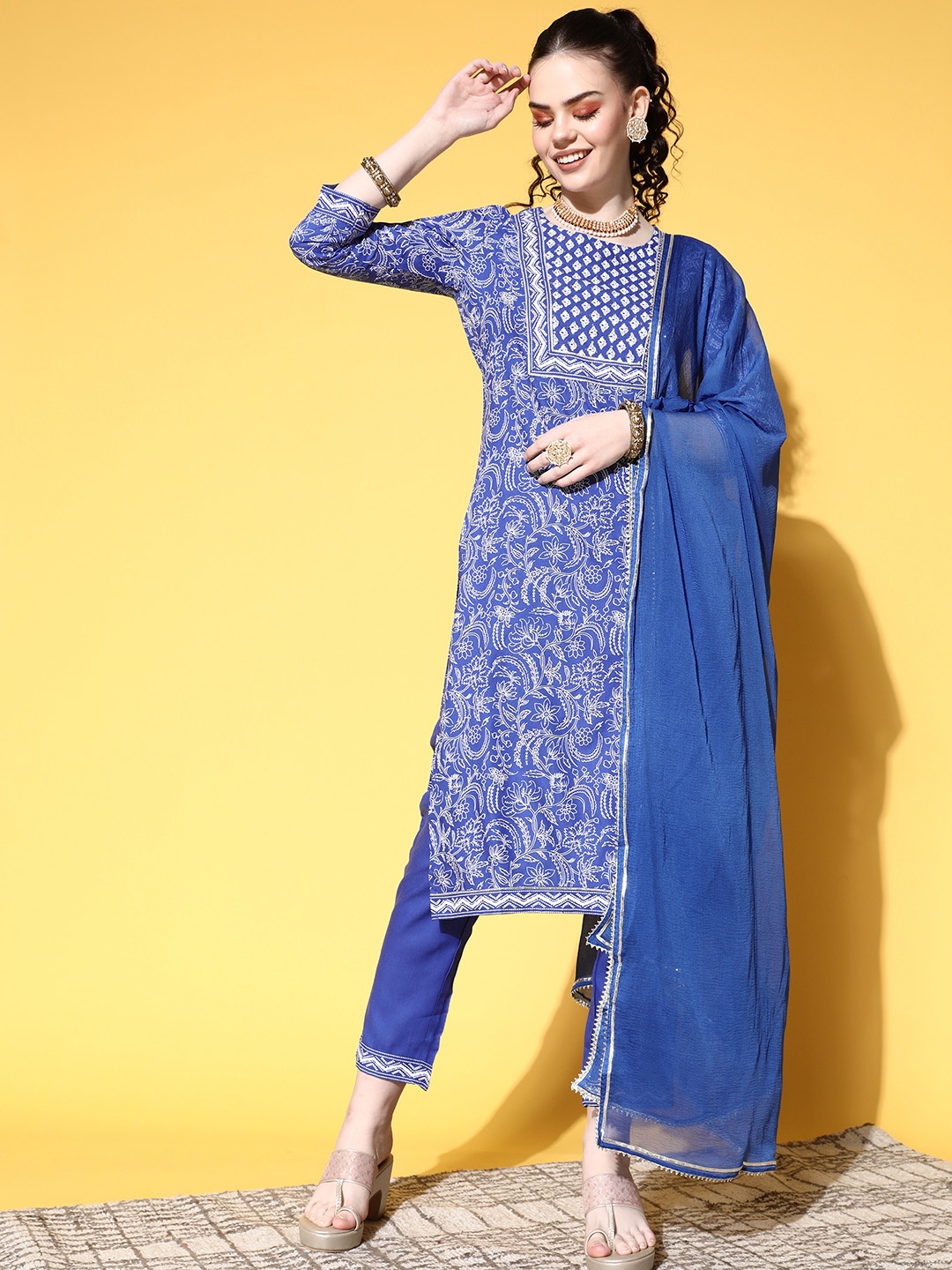 

Ishin Blue & Sliver Yoke Design Pure Cotton Kurta with Trousers & Dupatta