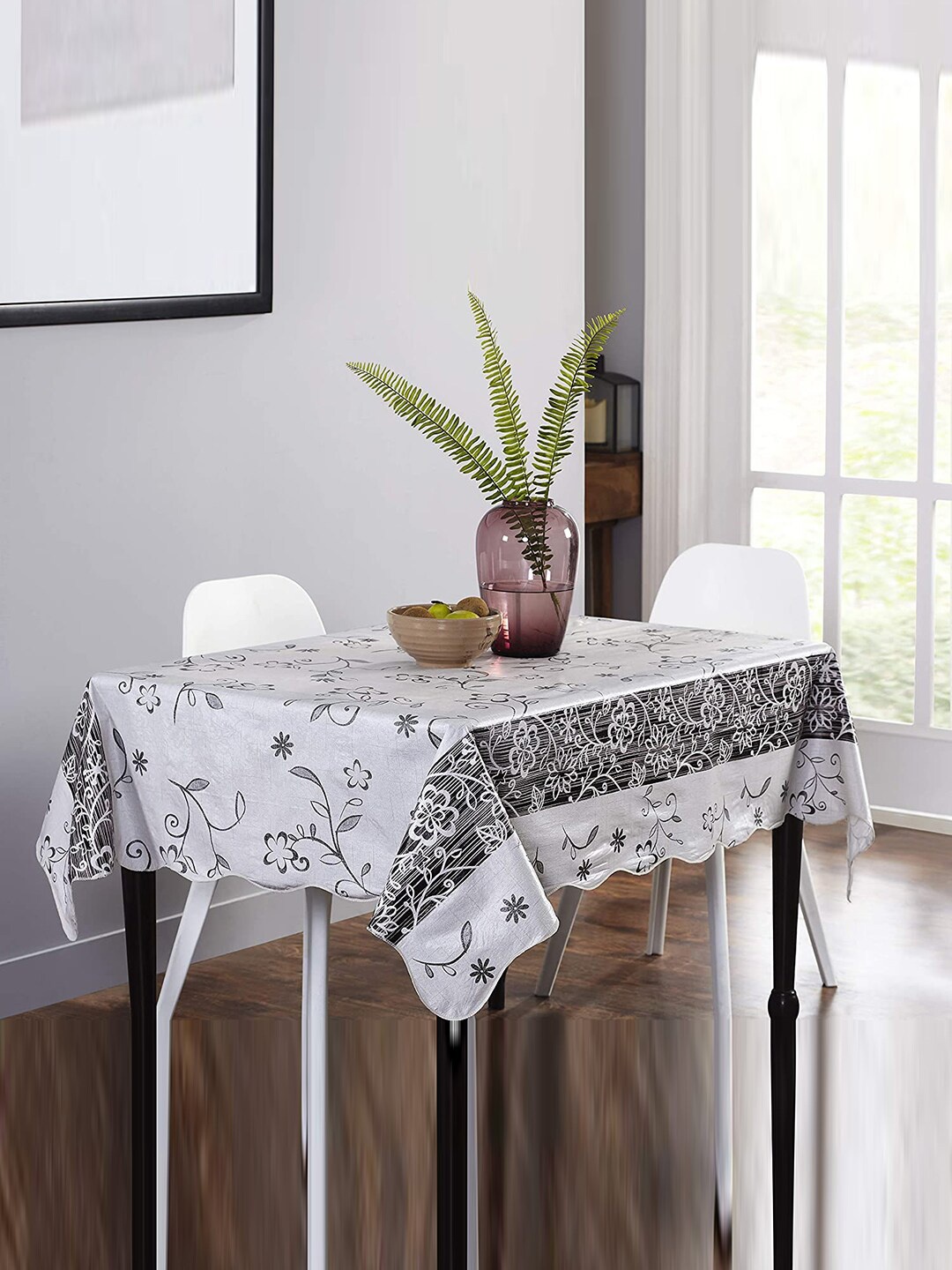 

homewards White & Black Floral Printed Pure Cotton Table Cover
