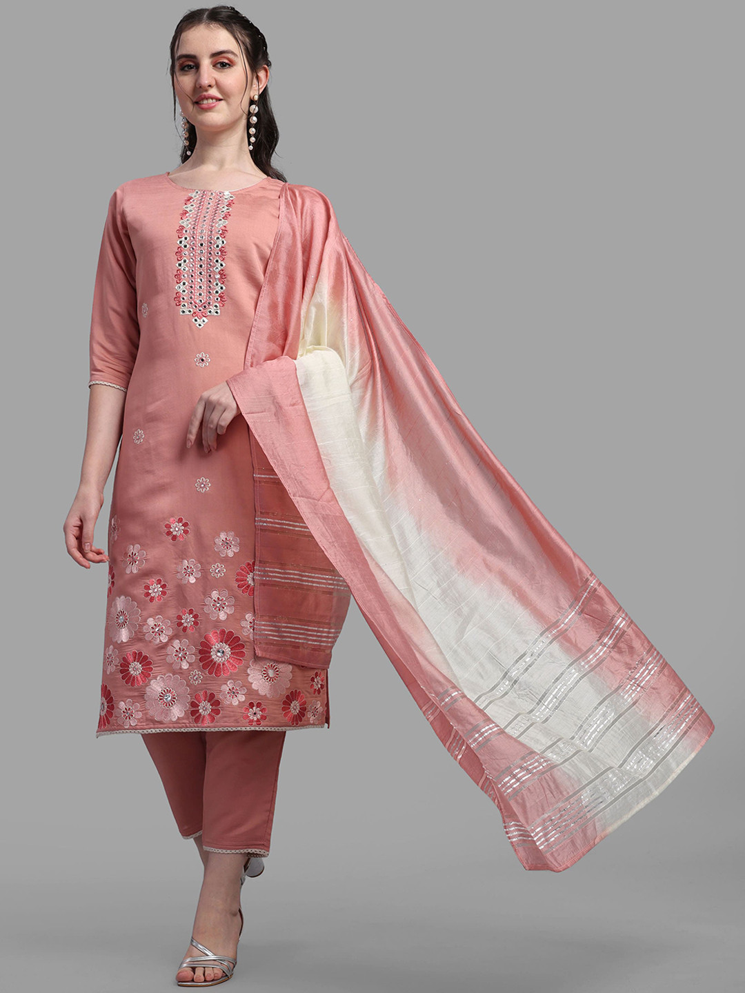 

Berrylicious Women Pink Floral Embroidered Thread Work Kurta with Trousers & With Dupatta