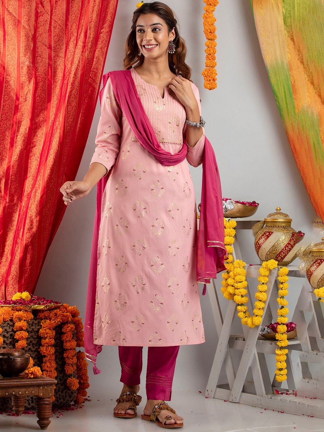

fabGLOBAL Women Pink Floral Embroidered Kurta with Trousers & With Dupatta