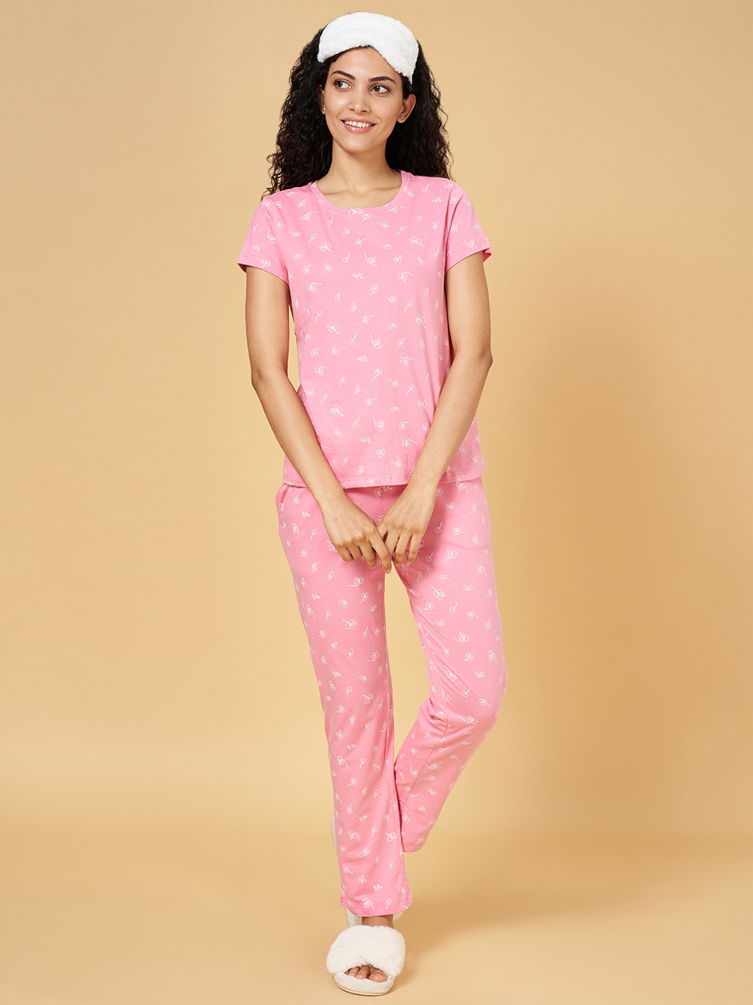 

YU by Pantaloons Women Pink & White Printed Night suit