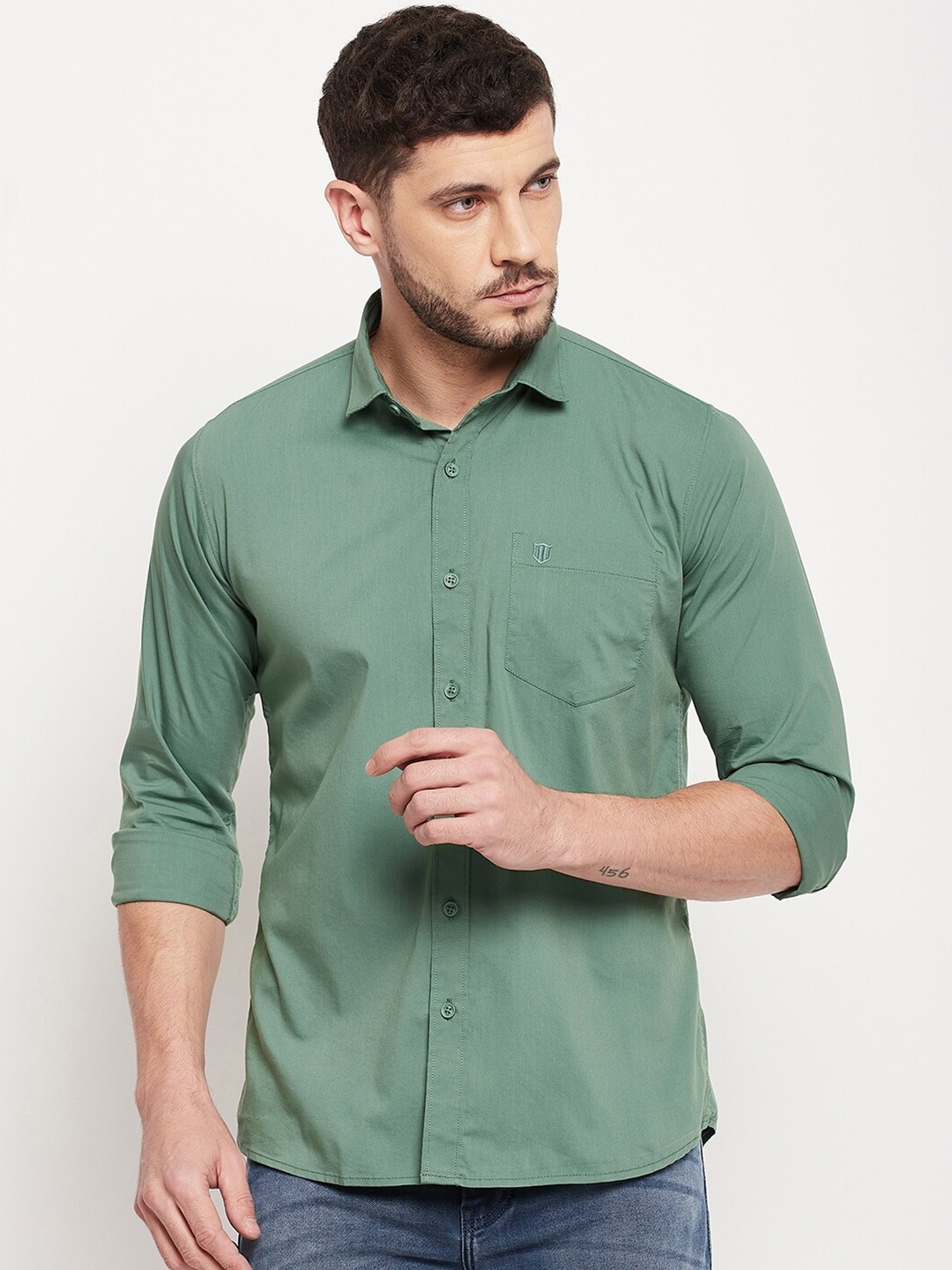 

Duke Men Green Solid Cotton Long Sleeves Casual Shirt