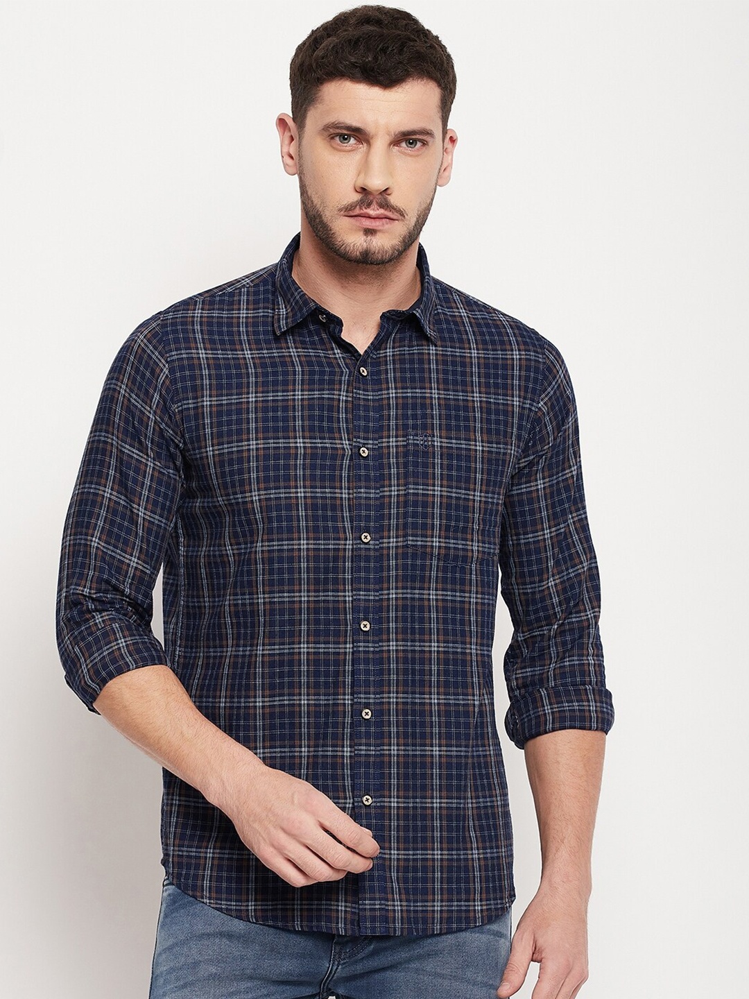 

Duke Men Navy Blue & Brown Checked Cotton Casual Shirt