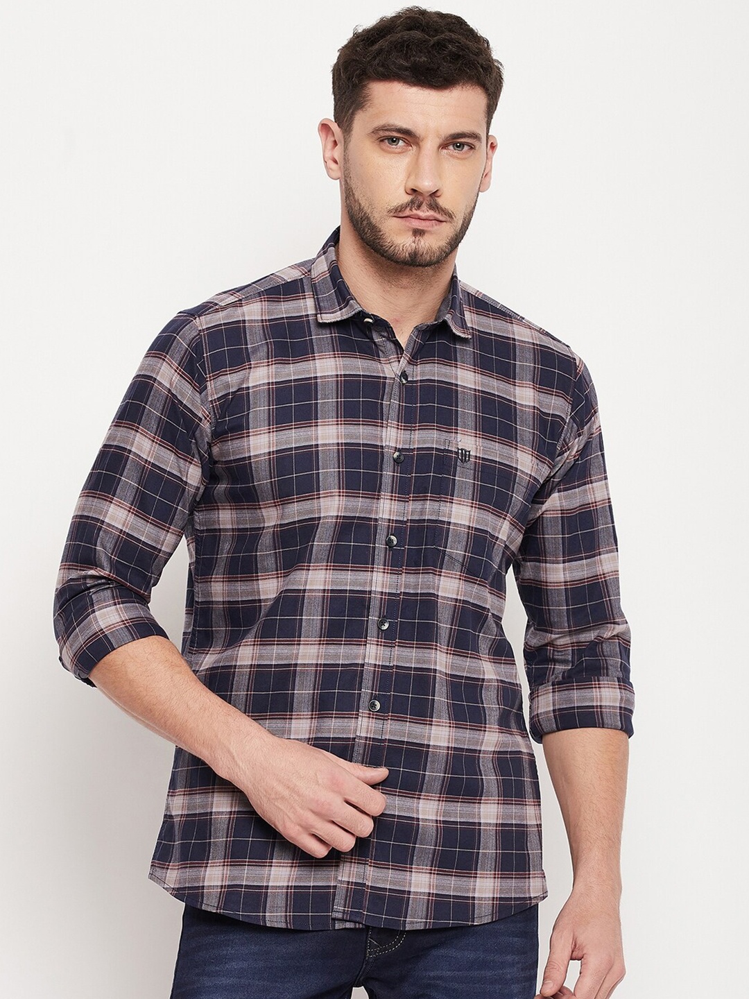 

Duke Men Navy Blue & Grey Checked Cotton Casual Shirt