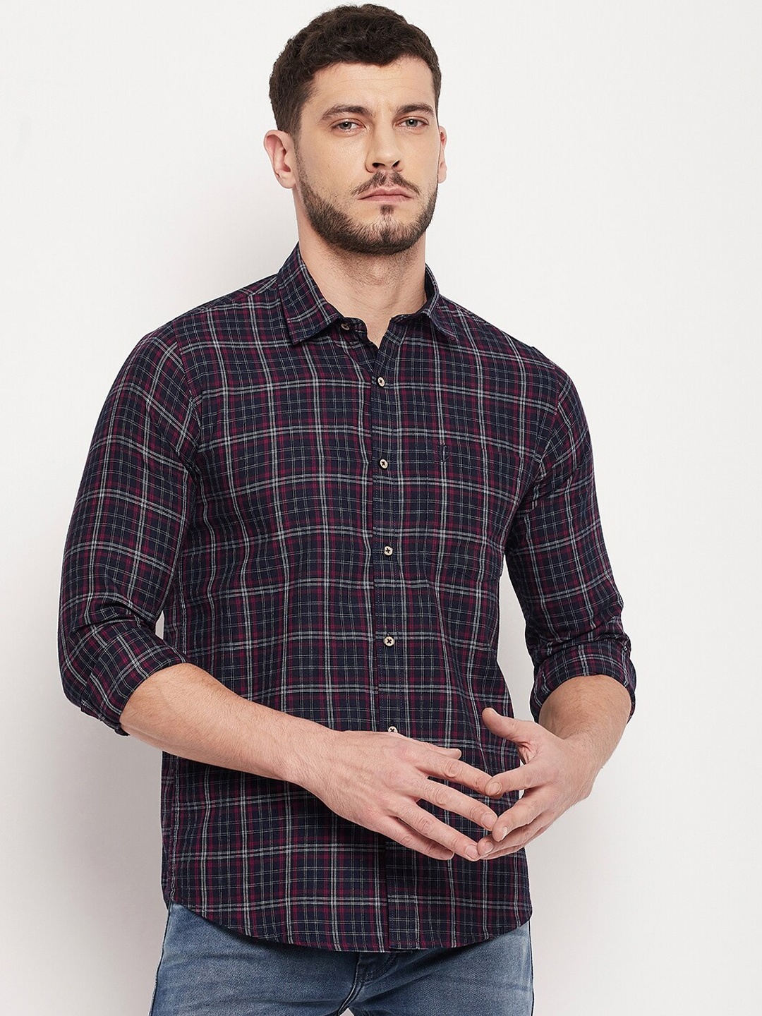 

Duke Men Navy Blue & Pink Checked Cotton Casual Shirt