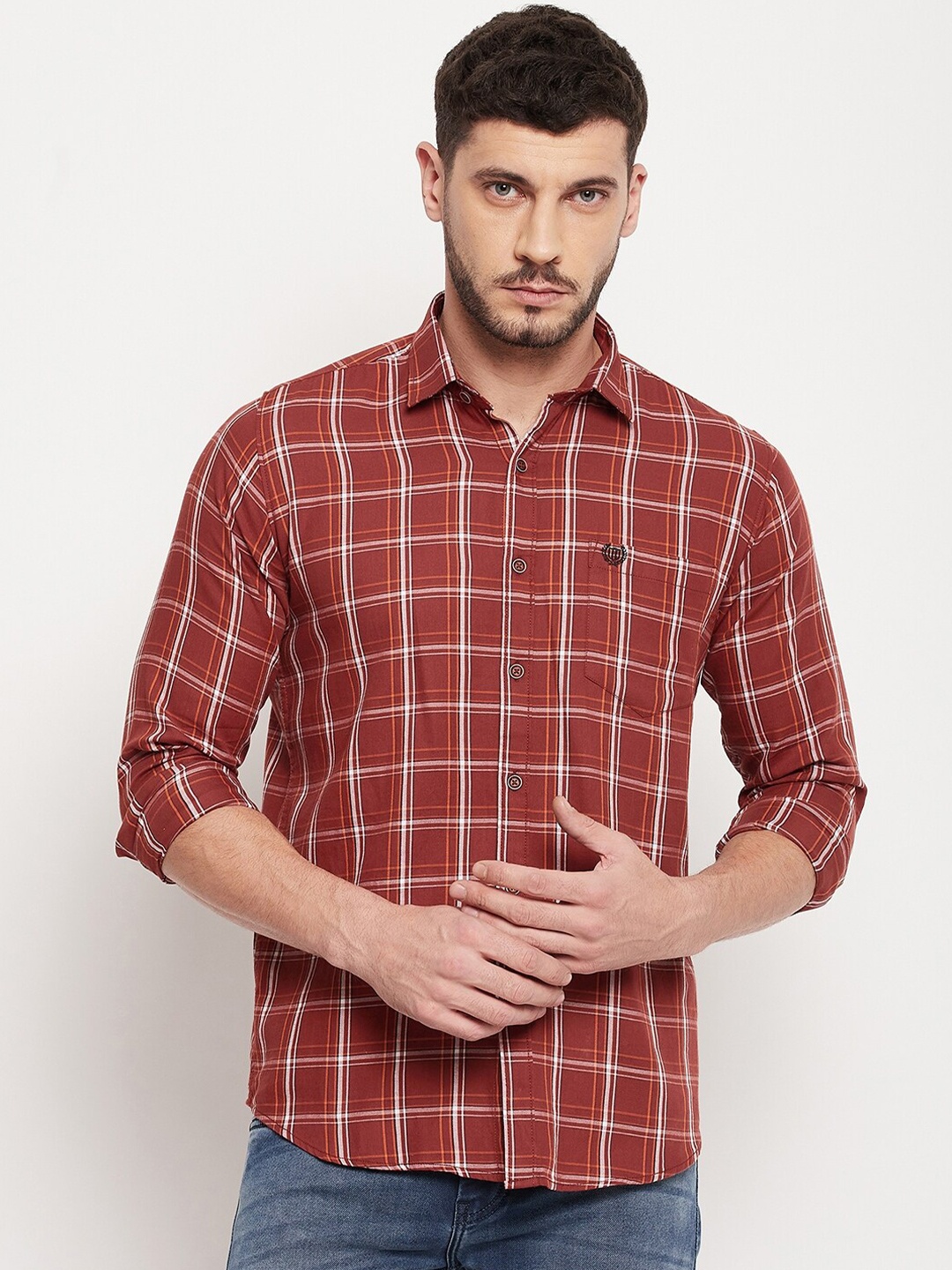 

Duke Men Rust & White Checked Cotton Casual Shirt
