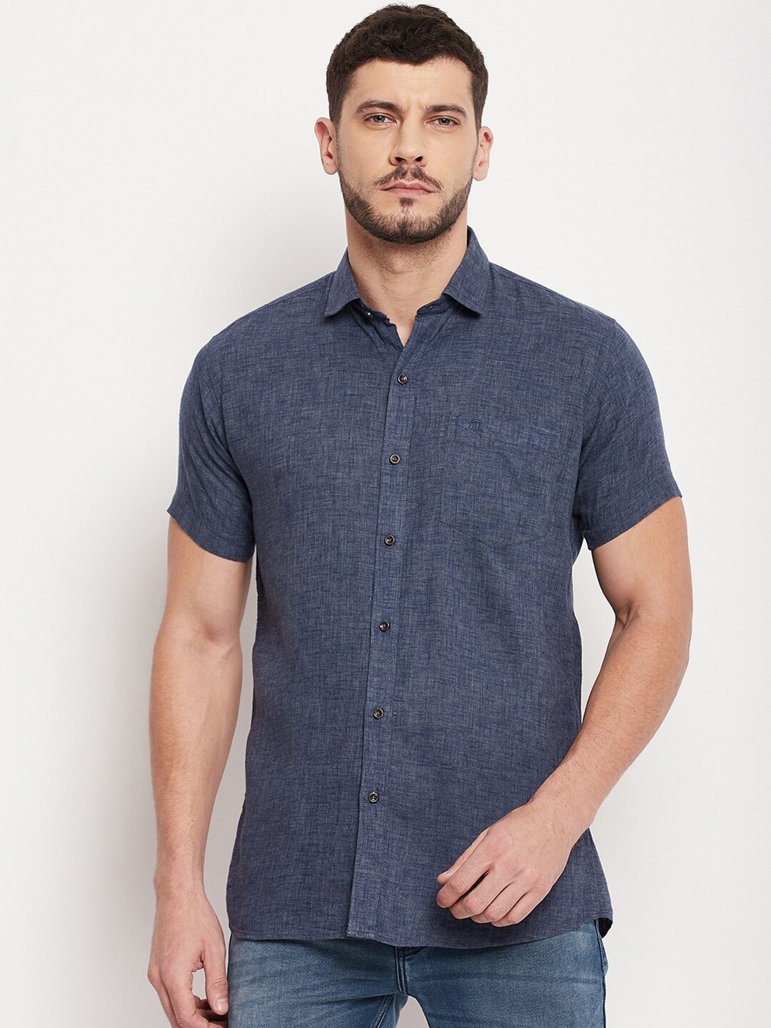 

Duke Self Design Cotton Short Sleeves Casual Shirt, Navy blue