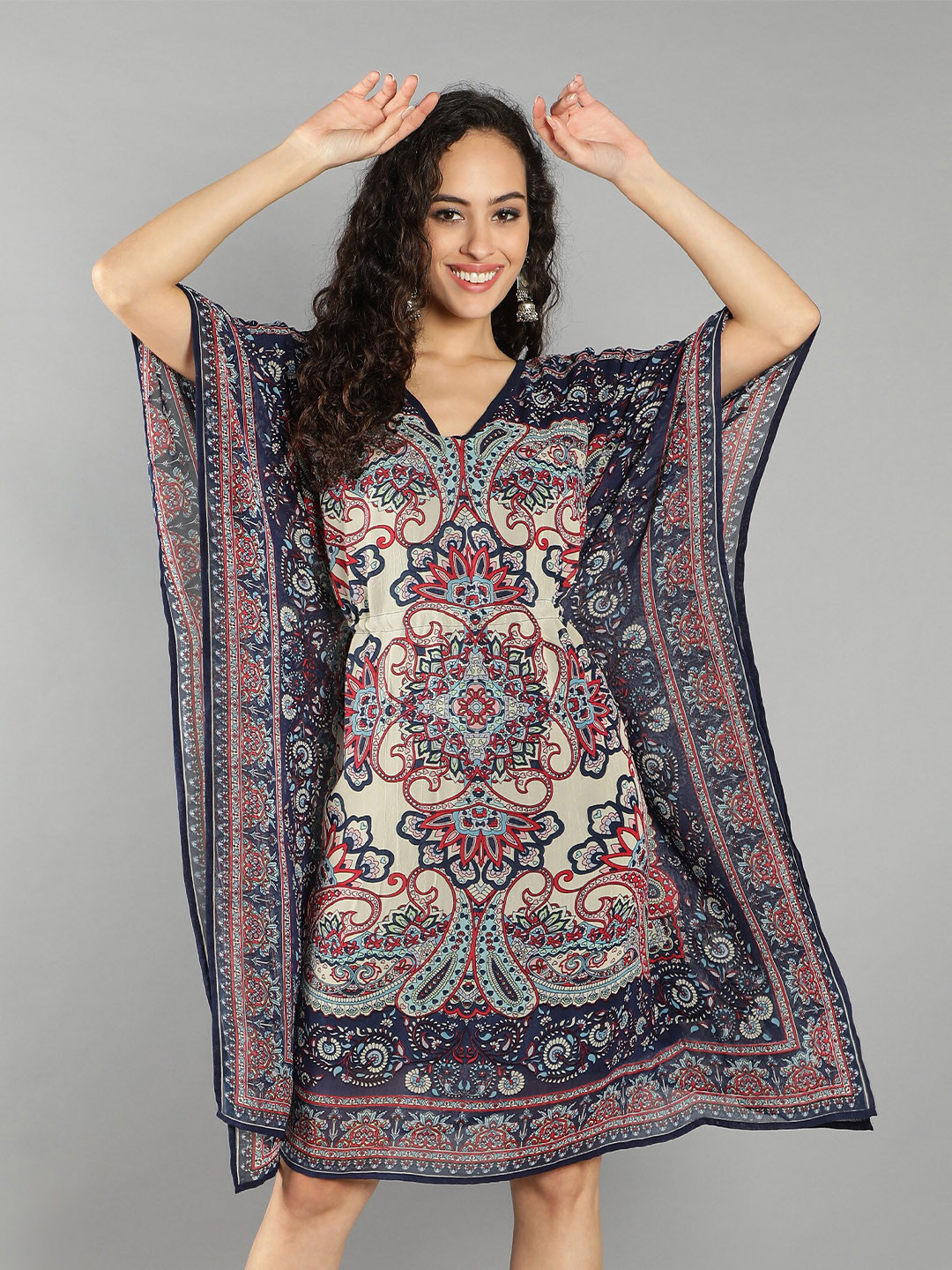 

DEBONATELLA Navy Blue Ethnic Motifs Georgette Kaftan Dress